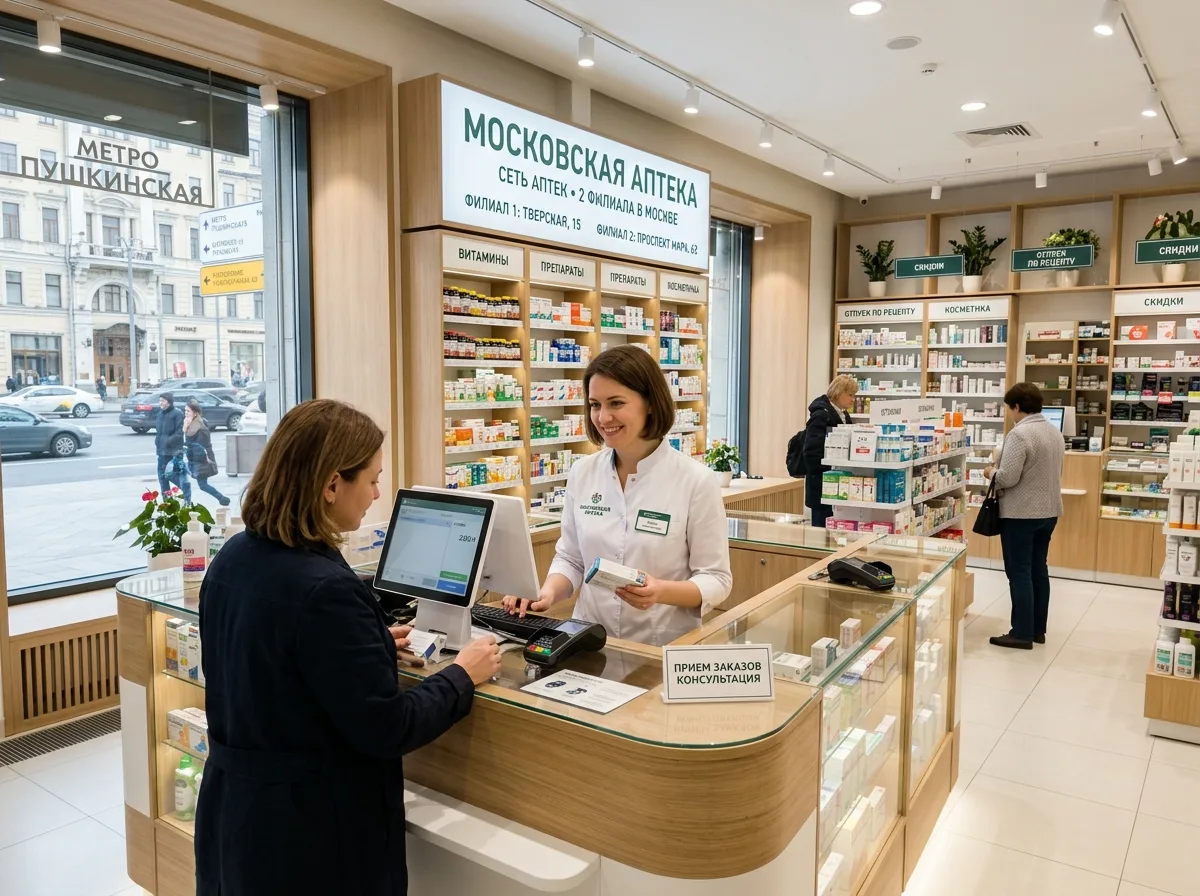 Аптечная сеть с двумя точками в Москве, современный интерьер, фармацевт за прилавком