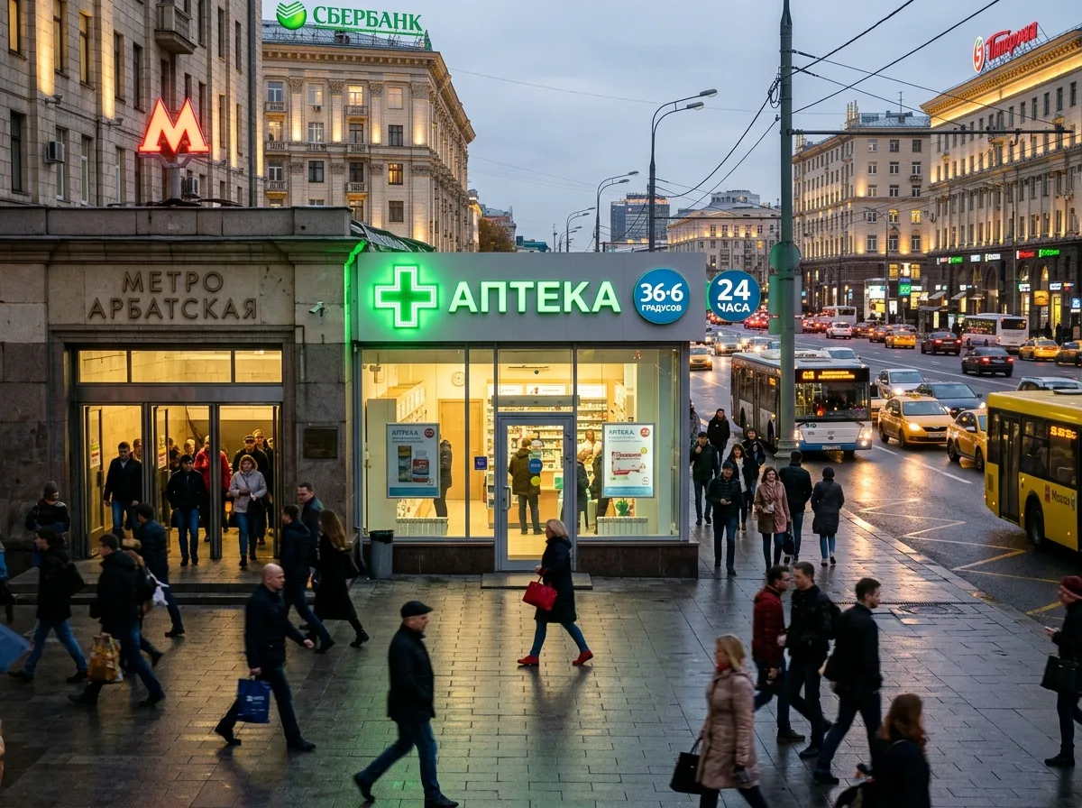 Аптека в центре Москвы у станции метро, оживлённая улица, фасад с зелёным крестом, пешеходы