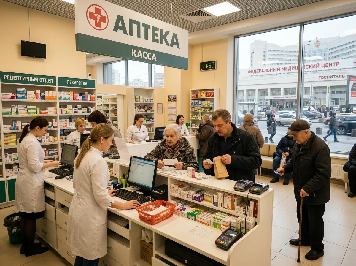 Аптека у федерального медицинского центра в Москве, пациенты у стойки, профессиональное освещение