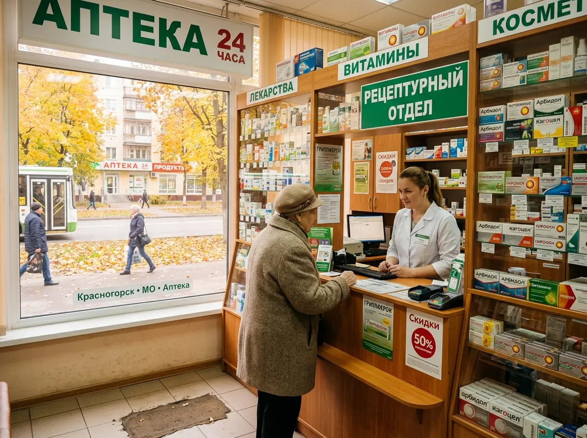 Аптека в Красногорске, Московская область, небольшой торговый зал, осенний дневной свет через витрину
