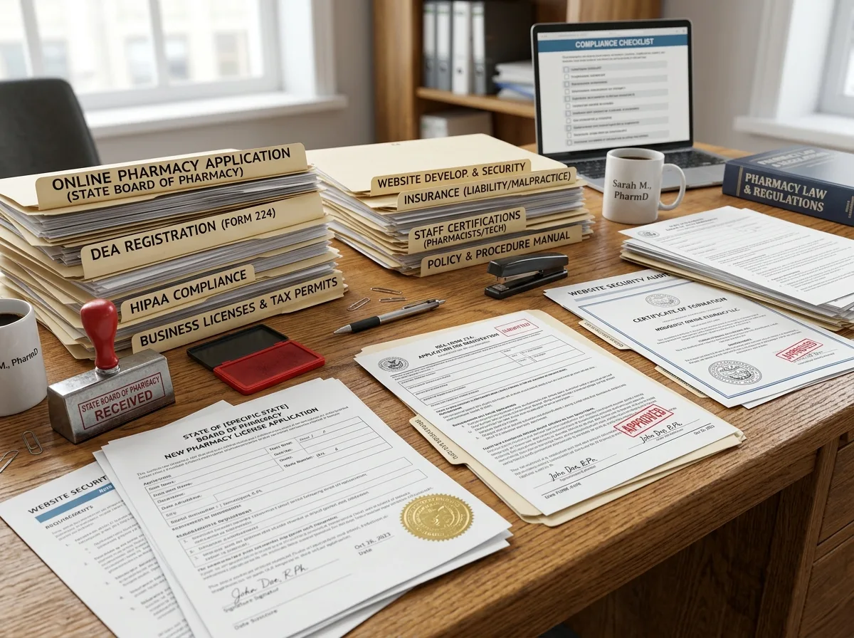 Документы и лицензии для открытия интернет-аптеки: папки с бумагами, печати, официальные бланки на рабочем столе