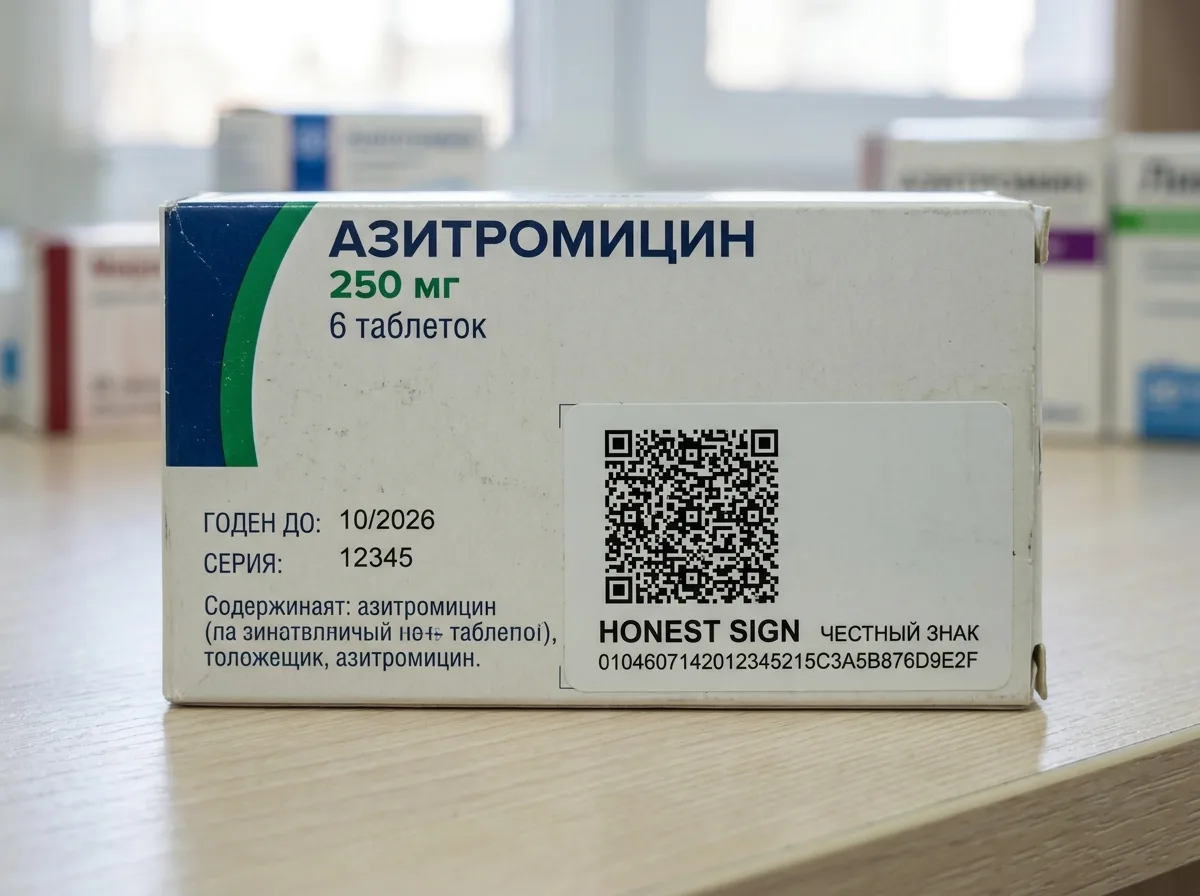 Упаковка лекарственного препарата с DataMatrix кодом маркировки Честный знак крупным планом