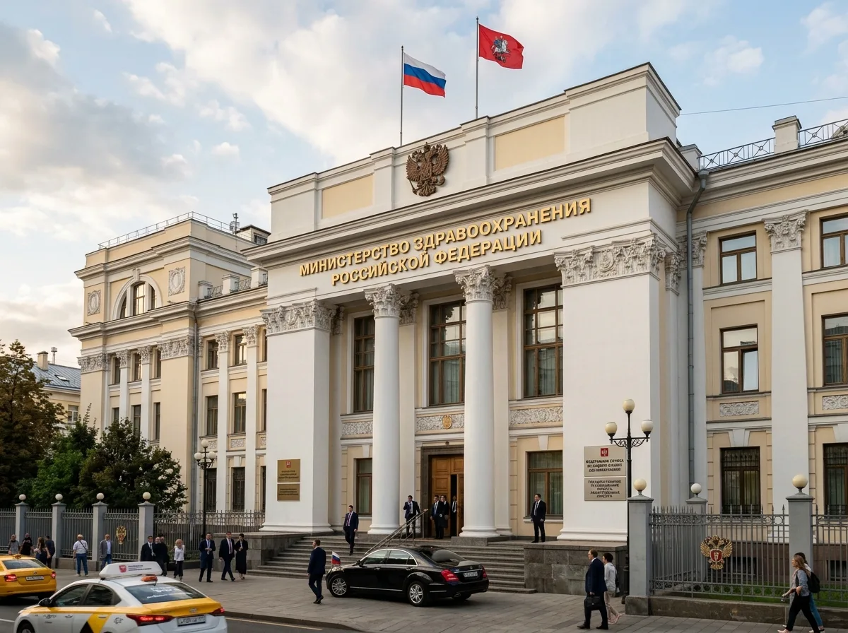 Здание Министерства здравоохранения России, фасад, официальный вид, символ государственного регулирования фармацевтики