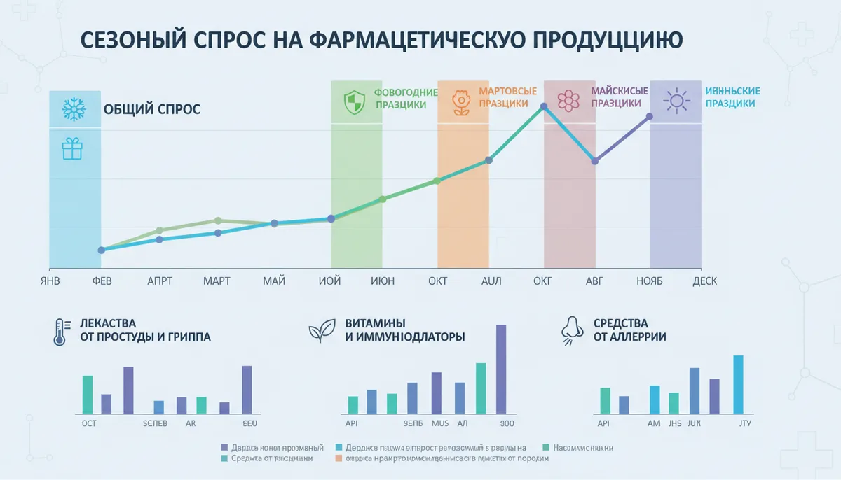Графическая инфографика сезонного спроса на фармацевтическую продукцию с отмеченными праздничными периодами